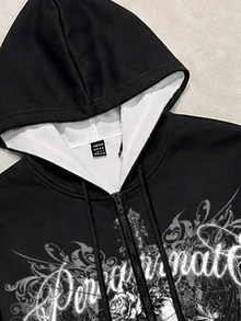 SHEIN EZwear 街頭龐克黑色全印花女款連帽拉鍊抓絨運動衫 - 彩色 - 查看 4