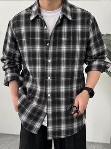 Manfinity Homme 男士休閒百搭格紋單排扣長袖商務襯衫 - 彩色 - 查看 7