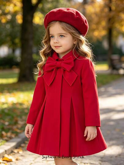 Cozy Pixies 2pcs Baby Girl Baby Girl Casual Daily Comfortable Woolen A-Line Cute Mid-Length Woven Jacket Thick Style With Beret Hat Two Pieces Set Christmas New Year Red 3D Bow Decor