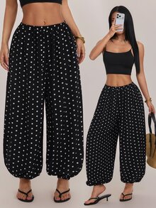 SHEIN PETITE 黑白波點寬鬆燈籠褲，適合嬌小女性（休閒/通勤穿搭） - 黑與白 - 查看 4