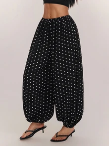 SHEIN PETITE 黑白波點寬鬆燈籠褲，適合嬌小女性（休閒/通勤穿搭） - 黑與白 - 查看 8