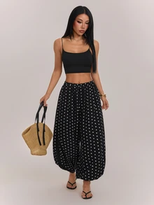 SHEIN PETITE 黑白波點寬鬆燈籠褲，適合嬌小女性（休閒/通勤穿搭） - 黑與白 - 查看 5