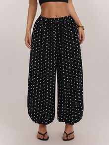 SHEIN PETITE 黑白波點寬鬆燈籠褲，適合嬌小女性（休閒/通勤穿搭） - 黑與白 - 查看 10
