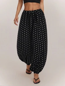 SHEIN PETITE 黑白波點寬鬆燈籠褲，適合嬌小女性（休閒/通勤穿搭） - 黑與白 - 查看 9