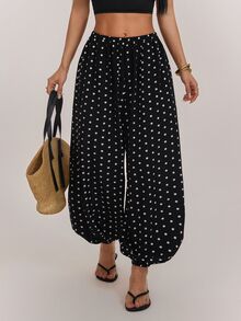 SHEIN PETITE 黑白波點寬鬆燈籠褲，適合嬌小女性（休閒/通勤穿搭） - 黑與白 - 查看 7