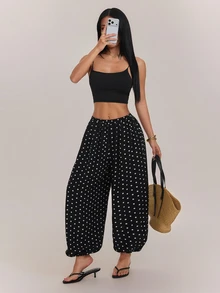 SHEIN PETITE 黑白波點寬鬆燈籠褲，適合嬌小女性（休閒/通勤穿搭） - 黑與白 - 查看 6