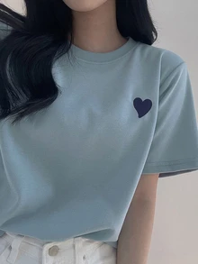 DAZY Women Crew Neck Embroidery Contrast Color Heart Graphic T-Shirt, Minimalist Design Cute Tops - Blue - View 5
