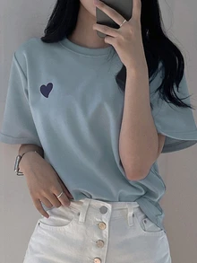 DAZY Women Crew Neck Embroidery Contrast Color Heart Graphic T-Shirt, Minimalist Design Cute Tops - Blue - View 3