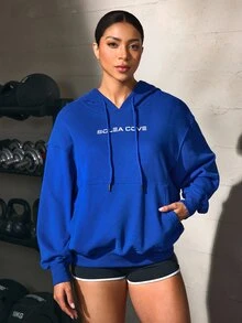 Solea Cove Solea Cove Women's Letter Print Drop Shoulder Long Sleeve Casual Drawstring Hooded Sweatshirt - Blue - View 7