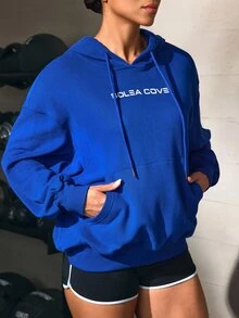Solea Cove Solea Cove Women's Letter Print Drop Shoulder Long Sleeve Casual Drawstring Hooded Sweatshirt - Blue - View 5