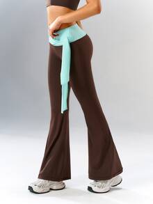 VARSIVA Women's Colorblock Waist Knot Flare Leg Sports Activewear Bottom Pants Gym Yoga Brown Summer Low Waist Low Rise - Multicolor - View 6