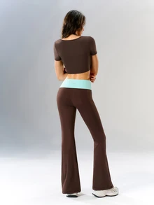 VARSIVA Women's Colorblock Waist Knot Flare Leg Sports Activewear Bottom Pants Gym Yoga Brown Summer Low Waist Low Rise - Multicolor - View 8