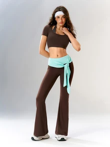 VARSIVA Women's Colorblock Waist Knot Flare Leg Sports Activewear Bottom Pants Gym Yoga Brown Summer Low Waist Low Rise - Multicolor - View 5