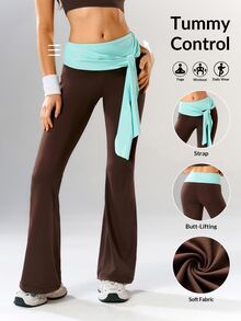 VARSIVA Women's Colorblock Waist Knot Flare Leg Sports Activewear Bottom Pants Gym Yoga Brown Summer Low Waist Low Rise - Multicolor - View 11