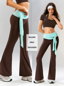 VARSIVA Women's Colorblock Waist Knot Flare Leg Sports Activewear Bottom Pants Gym Yoga Brown Summer Low Waist Low Rise - Multicolor - View 2