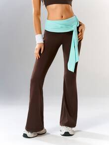 VARSIVA Women's Colorblock Waist Knot Flare Leg Sports Activewear Bottom Pants Gym Yoga Brown Summer Low Waist Low Rise - Multicolor - View 9