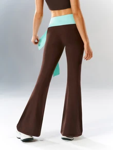 VARSIVA Women's Colorblock Waist Knot Flare Leg Sports Activewear Bottom Pants Gym Yoga Brown Summer Low Waist Low Rise - Multicolor - View 7