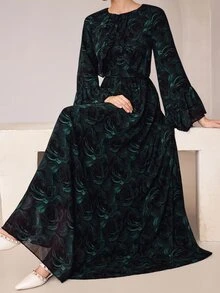 Graceveil Dark Green Floral Textured Chiffon Long Dress With Pleated Ruffle Hem, Round Neck, Loose Flare Sleeves, Elegant Style - Multicolor - View 8