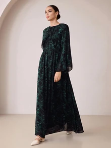 Graceveil Dark Green Floral Textured Chiffon Long Dress With Pleated Ruffle Hem, Round Neck, Loose Flare Sleeves, Elegant Style - Multicolor - View 4
