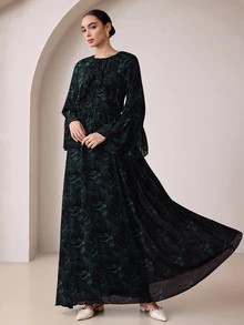 Graceveil Dark Green Floral Textured Chiffon Long Dress With Pleated Ruffle Hem, Round Neck, Loose Flare Sleeves, Elegant Style - Multicolor - View 5