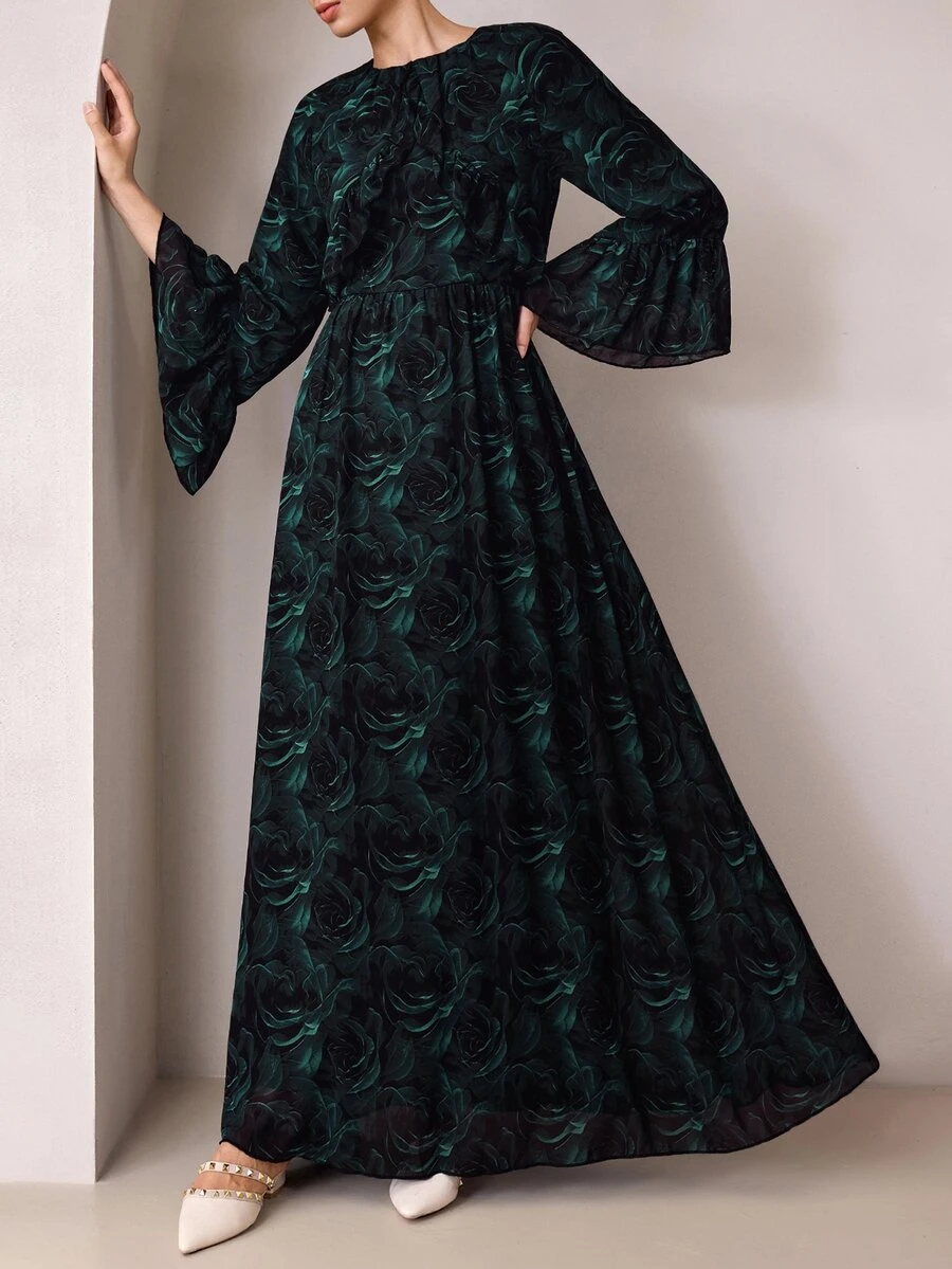 Graceveil Dark Green Floral Textured Chiffon Long Dress With Pleated Ruffle Hem, Round Neck, Loose Flare Sleeves, Elegant Style