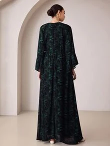 Graceveil Dark Green Floral Textured Chiffon Long Dress With Pleated Ruffle Hem, Round Neck, Loose Flare Sleeves, Elegant Style - Multicolor - View 3