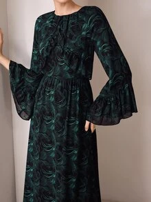 Graceveil Dark Green Floral Textured Chiffon Long Dress With Pleated Ruffle Hem, Round Neck, Loose Flare Sleeves, Elegant Style - Multicolor - View 6
