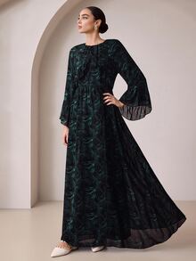 Graceveil Dark Green Floral Textured Chiffon Long Dress With Pleated Ruffle Hem, Round Neck, Loose Flare Sleeves, Elegant Style - Multicolor - View 7
