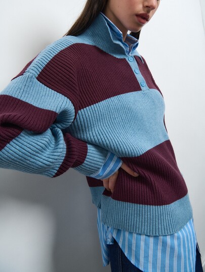 Nöista Blue And Plum Striped Knit Polo Sweater With Collared Neckline, Long Sleeves And Ribbed Trim.Fall,Winter, Casual,Back To School,Christmas, Halloween