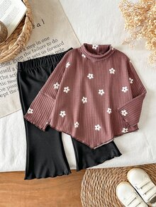 SHEIN Playful Pals 2件組幼女上衣與喇叭褲套裝，可愛甜美棕黑花卉印花，羅紋針織荷葉邊，長袖小立領，休閒款，適合假日秋季保暖穿著 - 棕色 - 查看 3