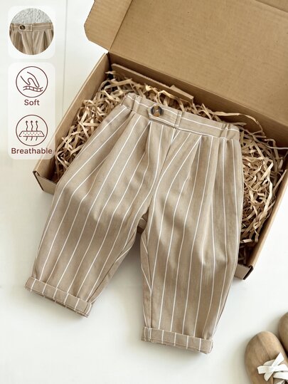 Souflis Toddler Boy Striped Print Cotton Pants, Fall Winter Soft Breathable Elastic Waist Casual Trousers Baby Bottoms