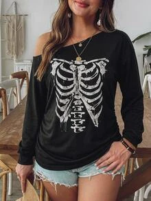 SHEIN VCAY تي شيرت نسائي مقاس كبير بطبعة هيكل عظمي وياقة غير متماثلة وحبل شد جانبي للخريف - متعدد الألوان - مشاهدة 3