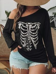 SHEIN VCAY تي شيرت نسائي مقاس كبير بطبعة هيكل عظمي وياقة غير متماثلة وحبل شد جانبي للخريف - متعدد الألوان - مشاهدة 1