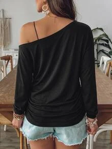 SHEIN VCAY تي شيرت نسائي مقاس كبير بطبعة هيكل عظمي وياقة غير متماثلة وحبل شد جانبي للخريف - متعدد الألوان - مشاهدة 2