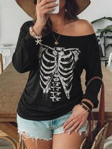 SHEIN VCAY تي شيرت نسائي مقاس كبير بطبعة هيكل عظمي وياقة غير متماثلة وحبل شد جانبي للخريف - متعدد الألوان - مشاهدة 4