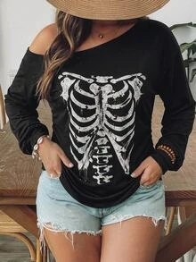 SHEIN VCAY تي شيرت نسائي مقاس كبير بطبعة هيكل عظمي وياقة غير متماثلة وحبل شد جانبي للخريف - متعدد الألوان - مشاهدة 6