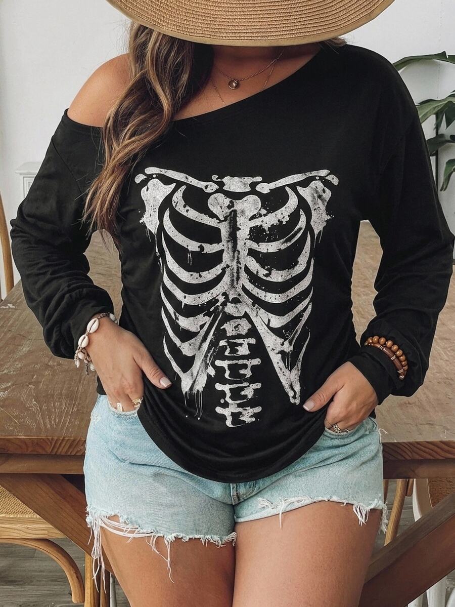 SHEIN VCAY Women's Autumn Black Skeleton Graphic Long Sleeve Top, Y2K Goth Asymmetrical Neck Casual Shirt For Halloween Party Evening Night And Going Out - Multicolor - View 1