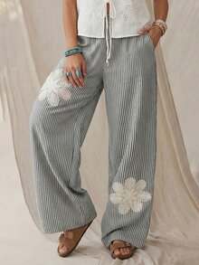Wildy 女款藍白條紋波西米亞寬腿褲，刺繡西部鄉村音樂節風格，休閒夏季度假海灘款 - 彩色 - 查看 7