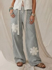 Wildy 女款藍白條紋波西米亞寬腿褲，刺繡西部鄉村音樂節風格，休閒夏季度假海灘款 - 彩色 - 查看 8