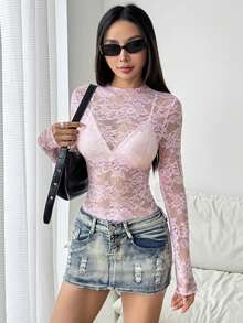 EgrlEra Blus Seksi Elastis Transparan Motif Bunga Renda Wanita (Potongan Acak) Pakaian Musim Gugur untuk Wanita - Baby Pink - View 4