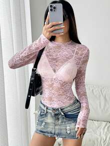EgrlEra Blus Seksi Elastis Transparan Motif Bunga Renda Wanita (Potongan Acak) Pakaian Musim Gugur untuk Wanita - Baby Pink - View 5