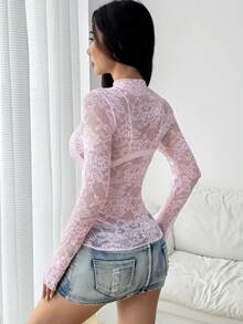 EgrlEra Blus Seksi Elastis Transparan Motif Bunga Renda Wanita (Potongan Acak) Pakaian Musim Gugur untuk Wanita - Baby Pink - View 2