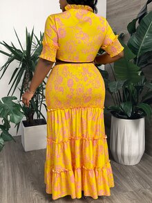 Veslaya Elegant And Romantic Plus Size Women's Printed Skirt With Ruffle Hem Shirred Top Set - Multicolor - View 2
