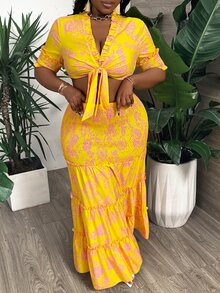 Veslaya Elegant And Romantic Plus Size Women's Printed Skirt With Ruffle Hem Shirred Top Set - Multicolor - View 6