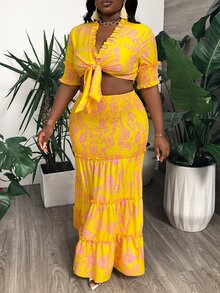 Veslaya Elegant And Romantic Plus Size Women's Printed Skirt With Ruffle Hem Shirred Top Set - Multicolor - View 4