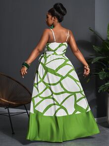Veslaya 2026 Plus Size Women Tropical Plant Print Sleeveless Dress, Vacation - Green - View 2
