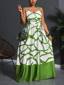 Veslaya 2026 Plus Size Women Tropical Plant Print Sleeveless Dress, Vacation - Green - View 7