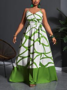 Veslaya 2026 Plus Size Women Tropical Plant Print Sleeveless Dress, Vacation - Green - View 4