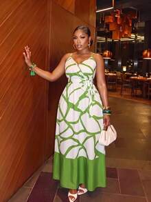 Veslaya 2026 Plus Size Women Tropical Plant Print Sleeveless Dress, Vacation - Green - View 1