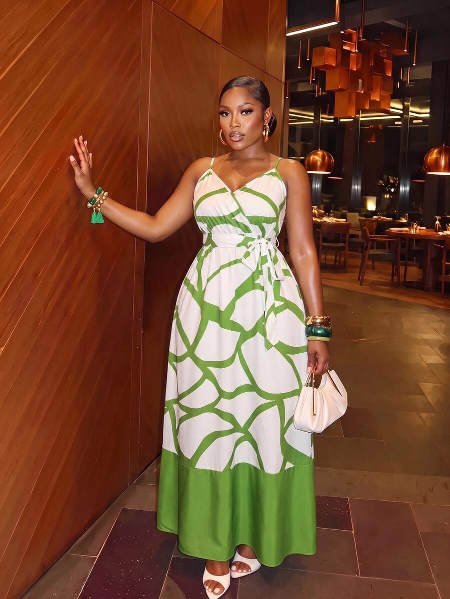 Veslaya 2026 Plus Size Women Tropical Plant Print Sleeveless Dress, Vacation - Green - View 1